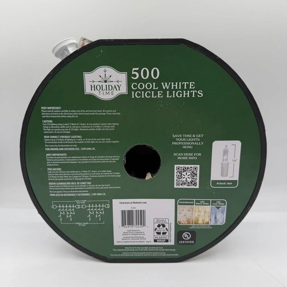 Holiday Time 500 Cool‎ White Icicle LED Christmas Lights White Wire 52.3 FT NEW